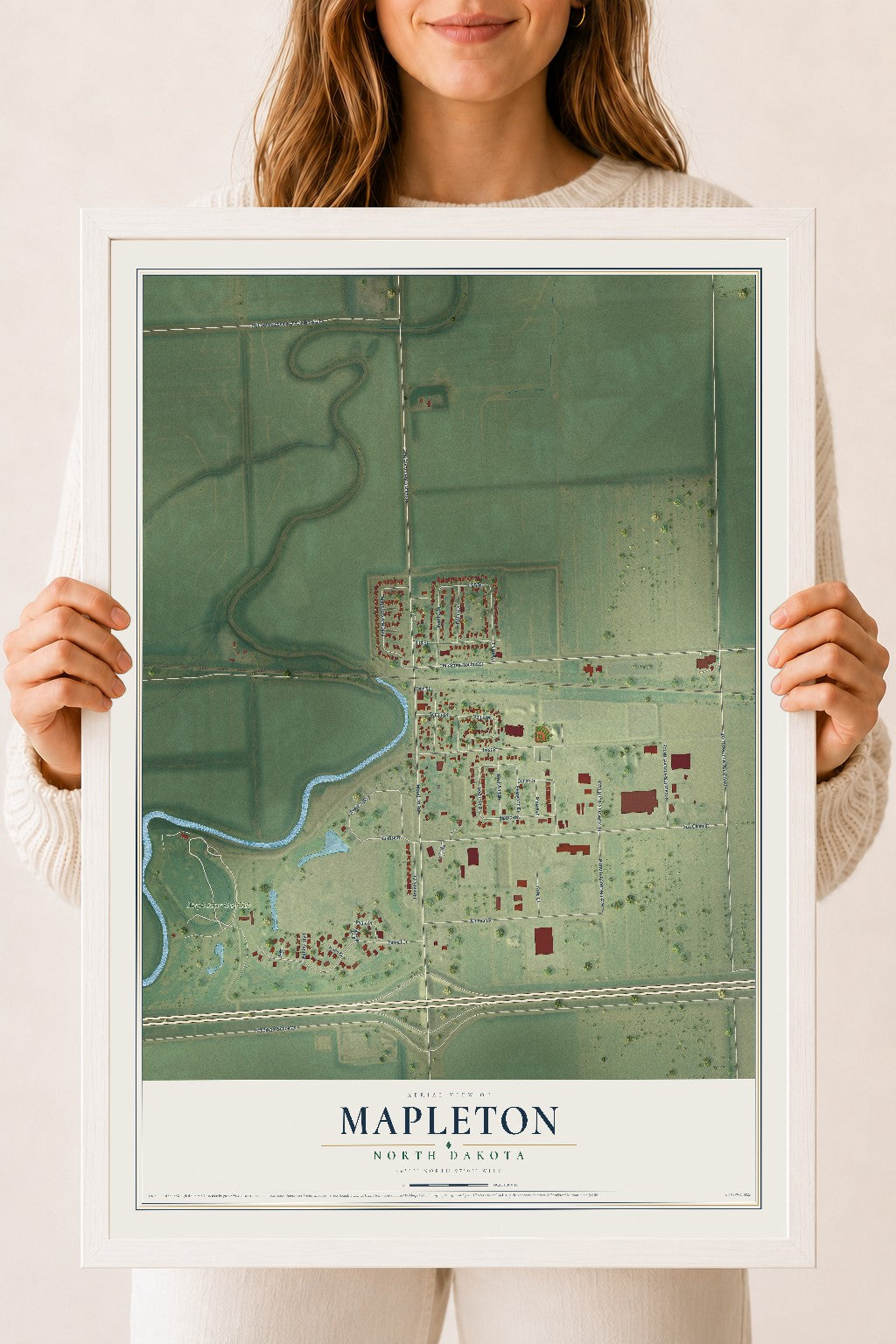 Map of Mapleton, North Dakota, 18 x 24 inch print in a white wood frame