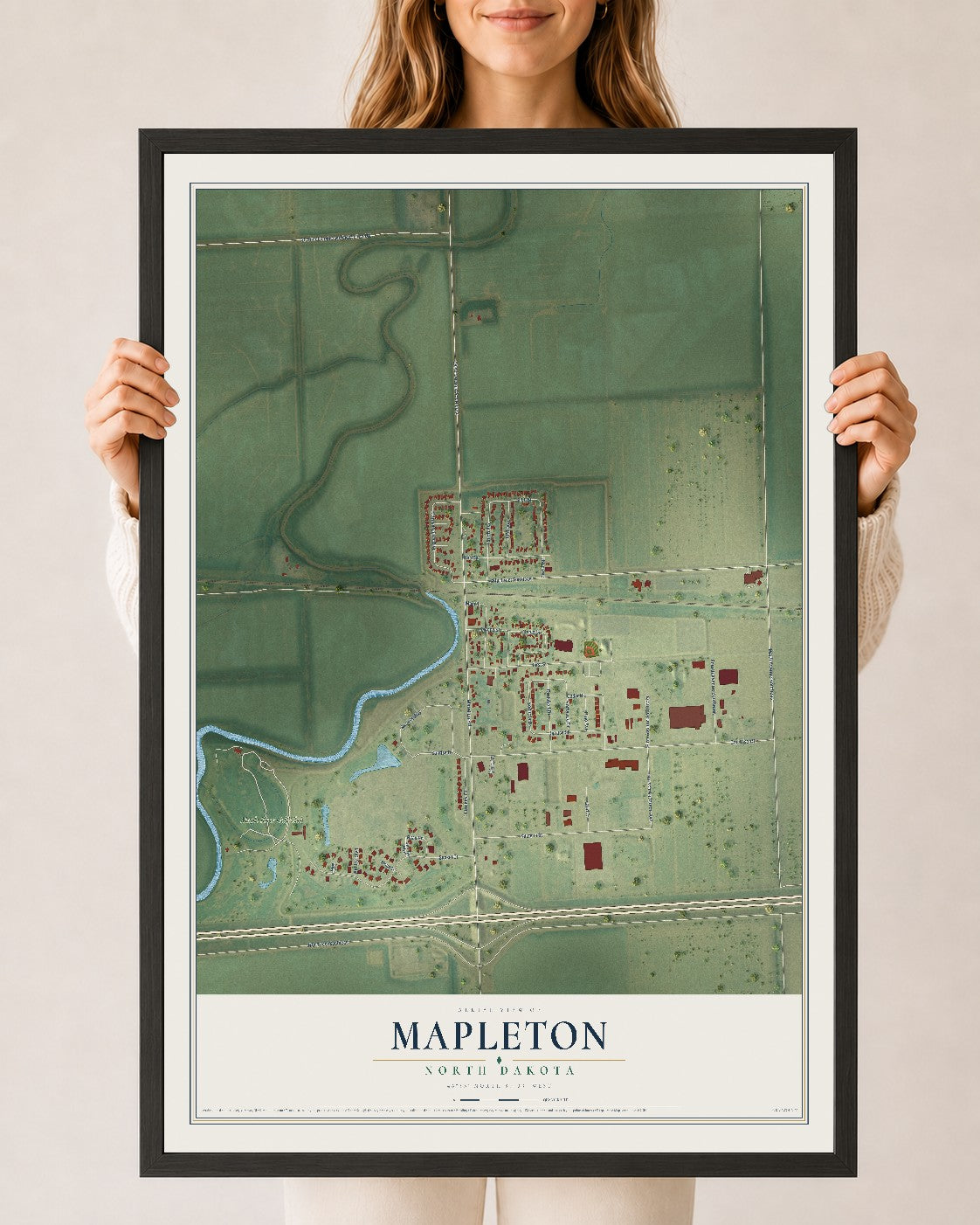 Map of Mapleton, North Dakota, 24 x 36 inch print in a black wood frame
