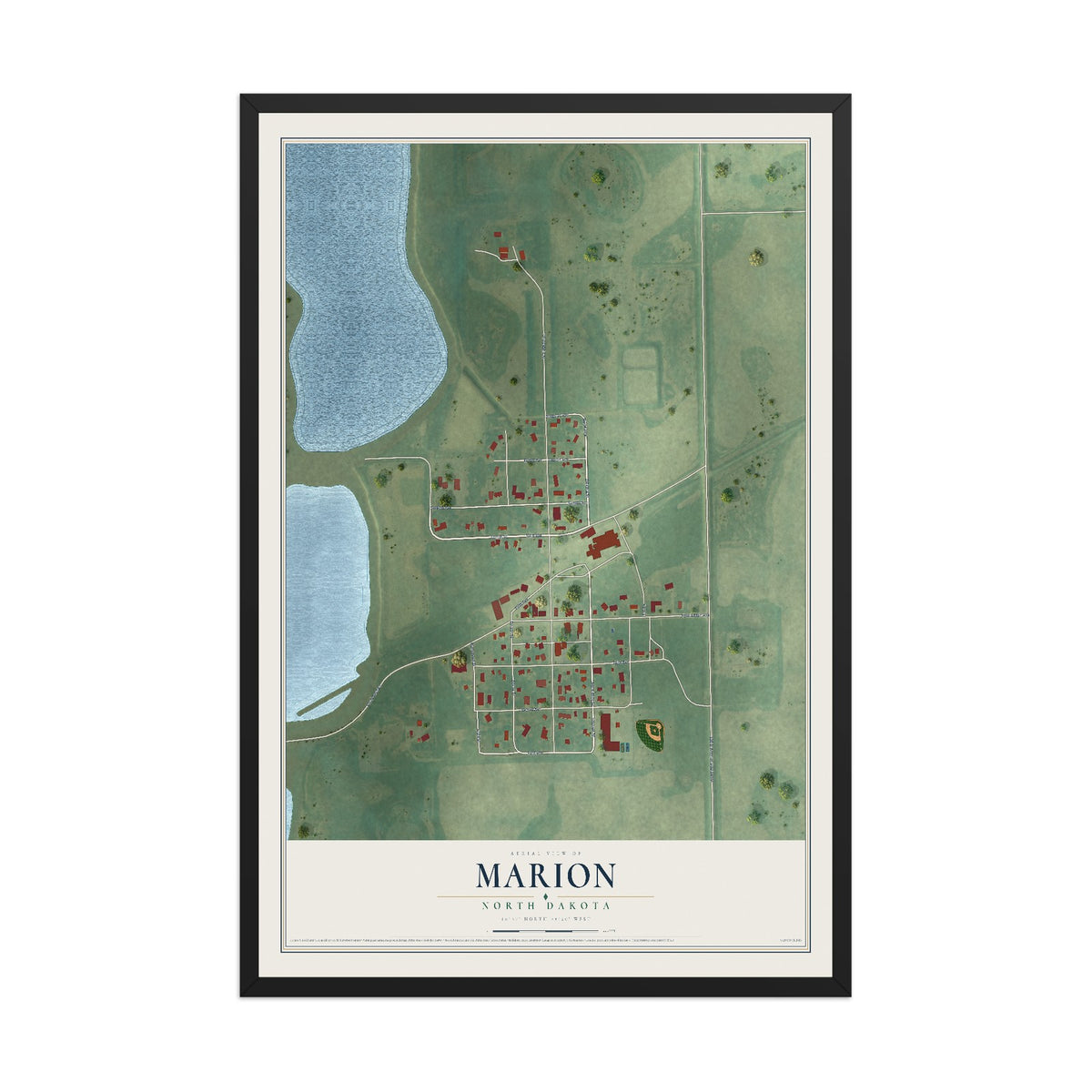 Map of Marion, North Dakota, 12 x 18 inch print in a black wood frame