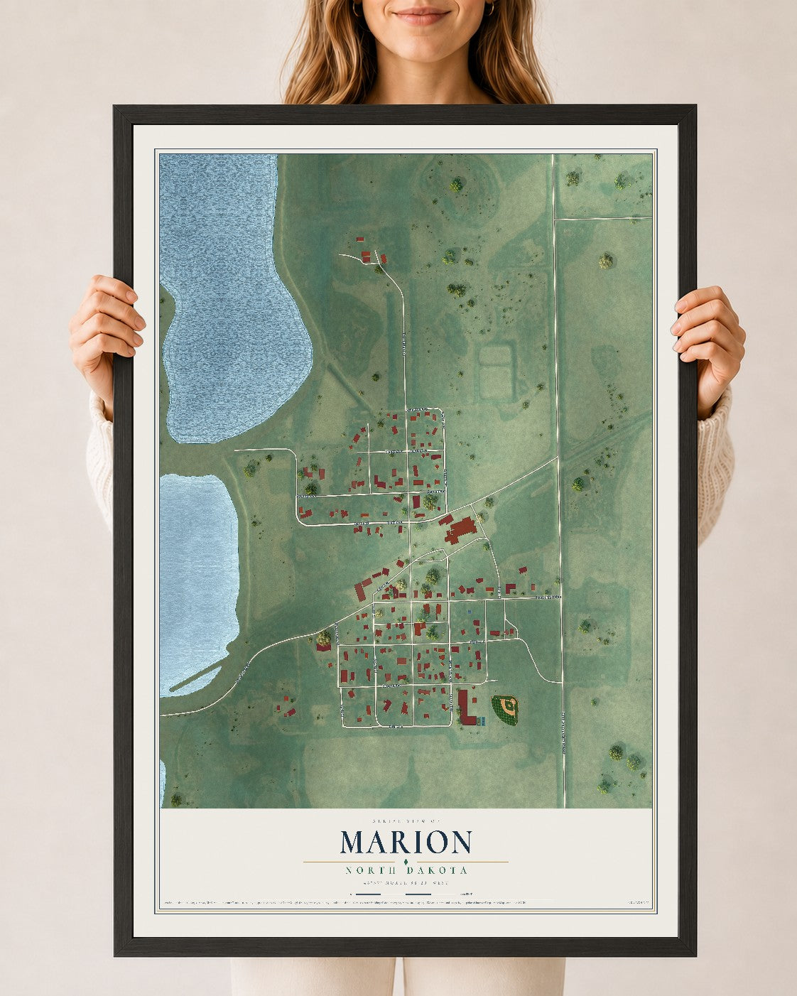 Map of Marion, North Dakota, 24 x 36 inch print in a black wood frame