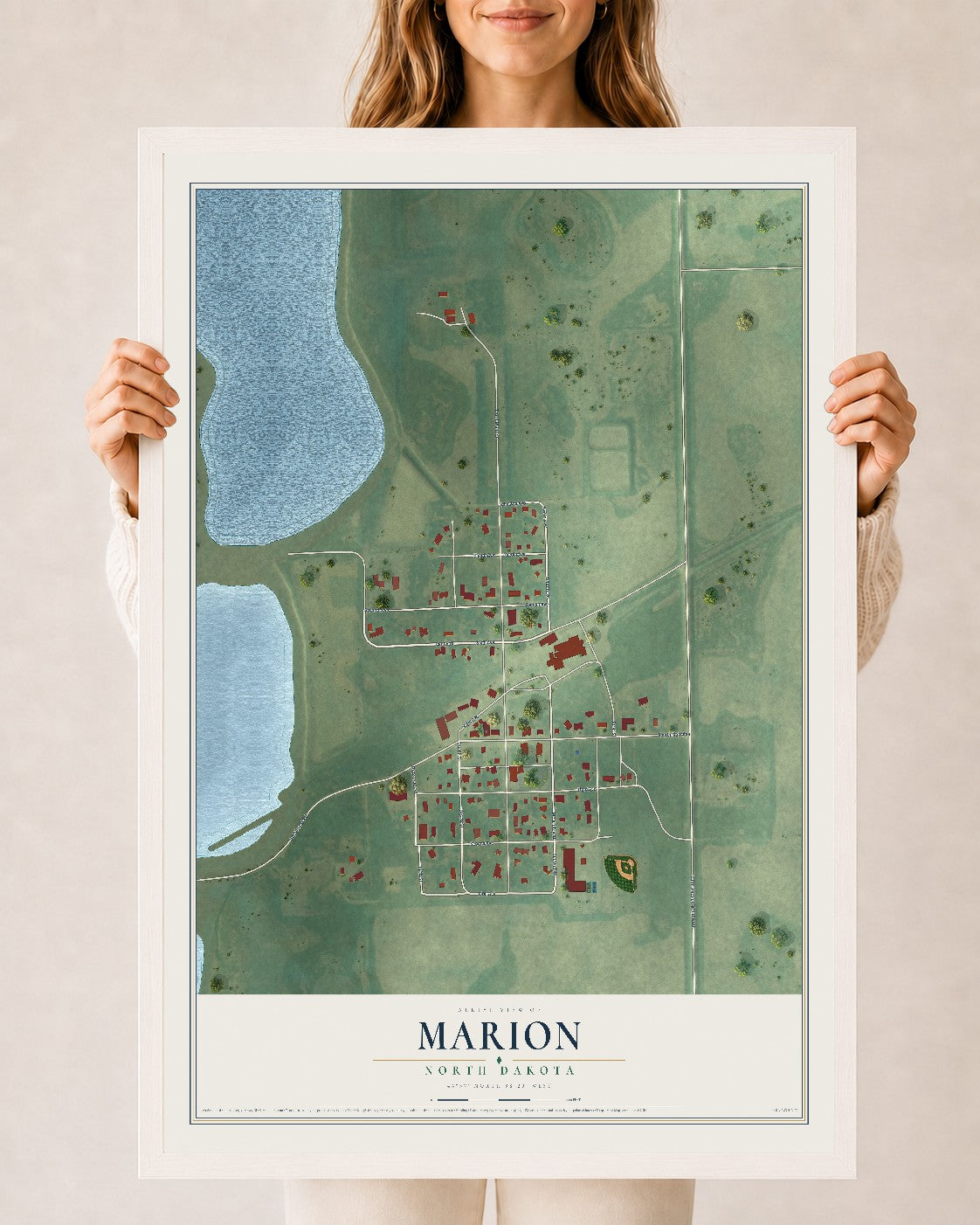 Map of Marion, North Dakota, 24 x 36 inch print in a white wood frame