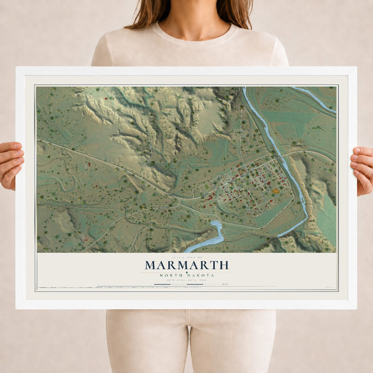 Map of Marmarth, North Dakota, 18 x 24 inch print in a white wood frame