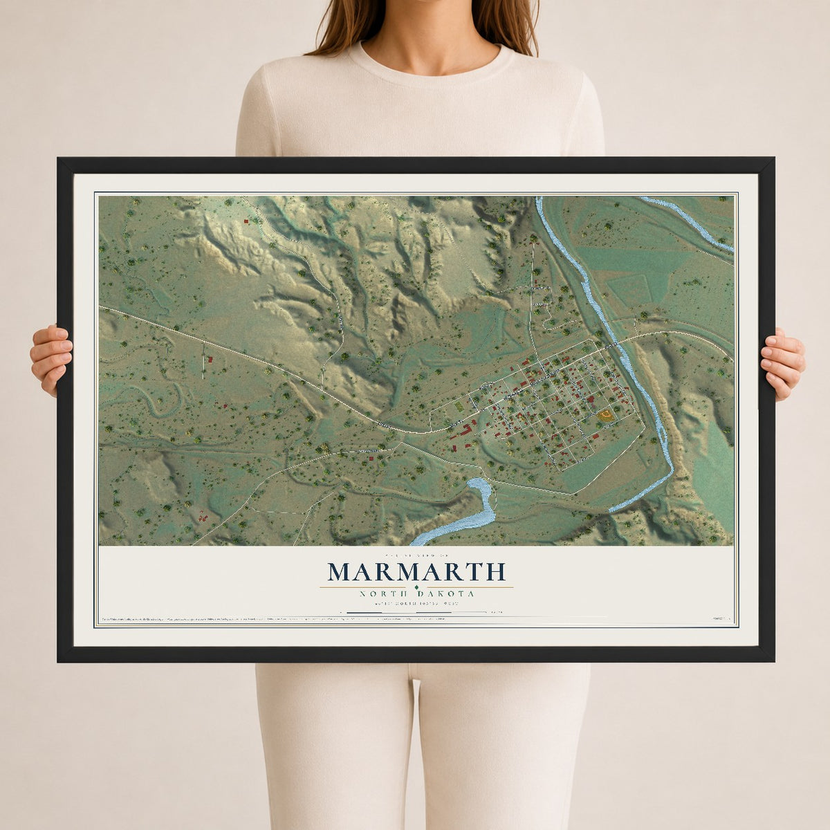 Map of Marmarth, North Dakota, 24 x 36 inch print in a black wood frame
