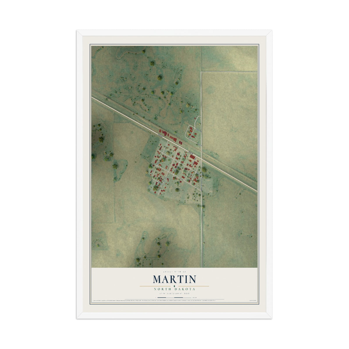 Map of Martin, North Dakota, 12 x 18 inch print in a white wood frame