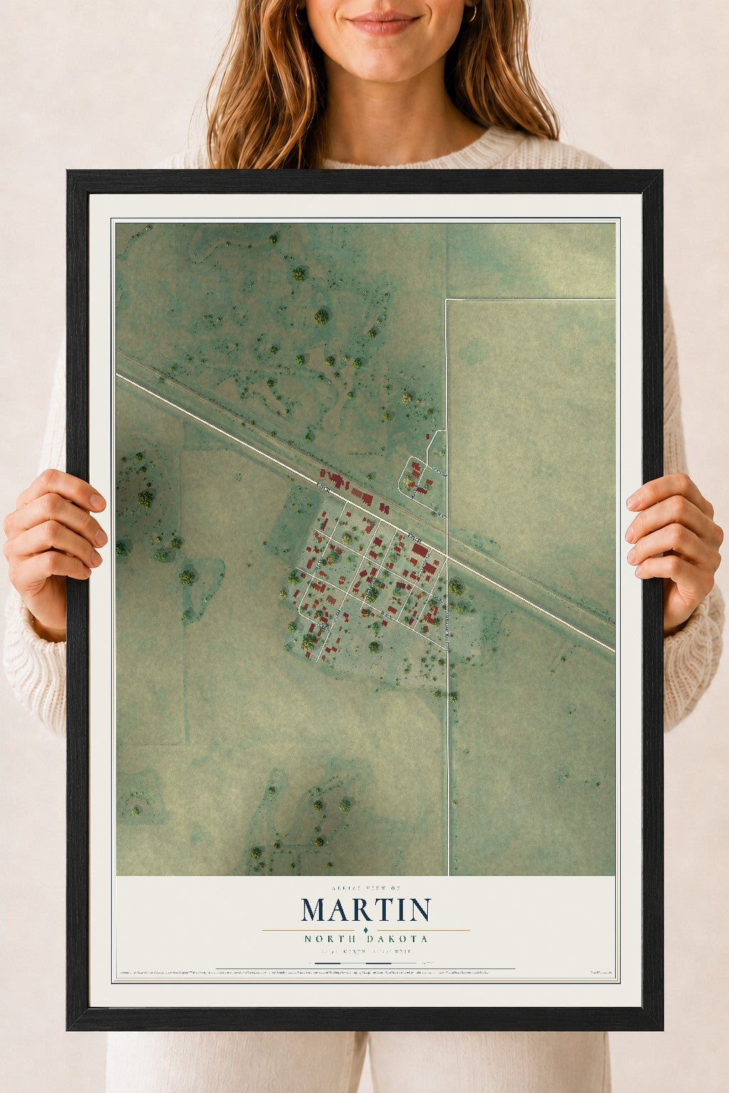 Map of Martin, North Dakota, 18 x 24 inch print in a black wood frame