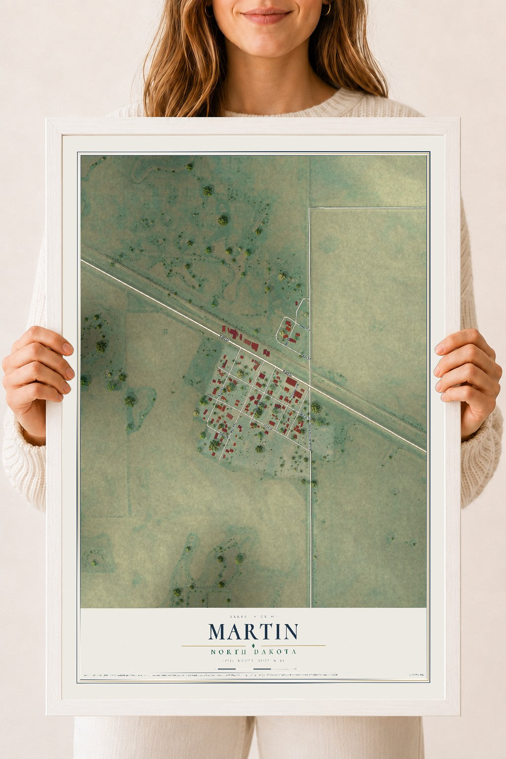 Map of Martin, North Dakota, 18 x 24 inch print in a white wood frame