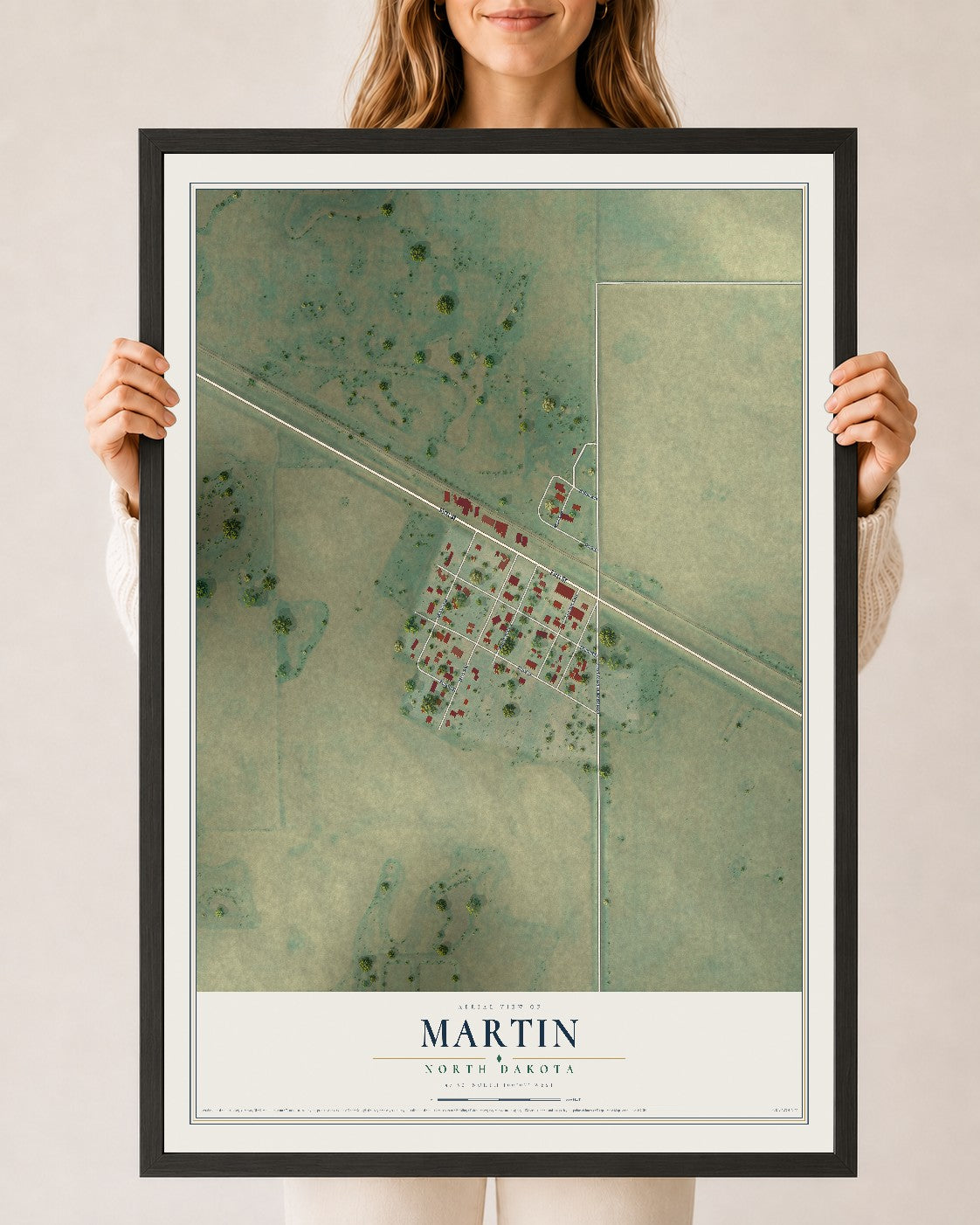 Map of Martin, North Dakota, 24 x 36 inch print in a black wood frame