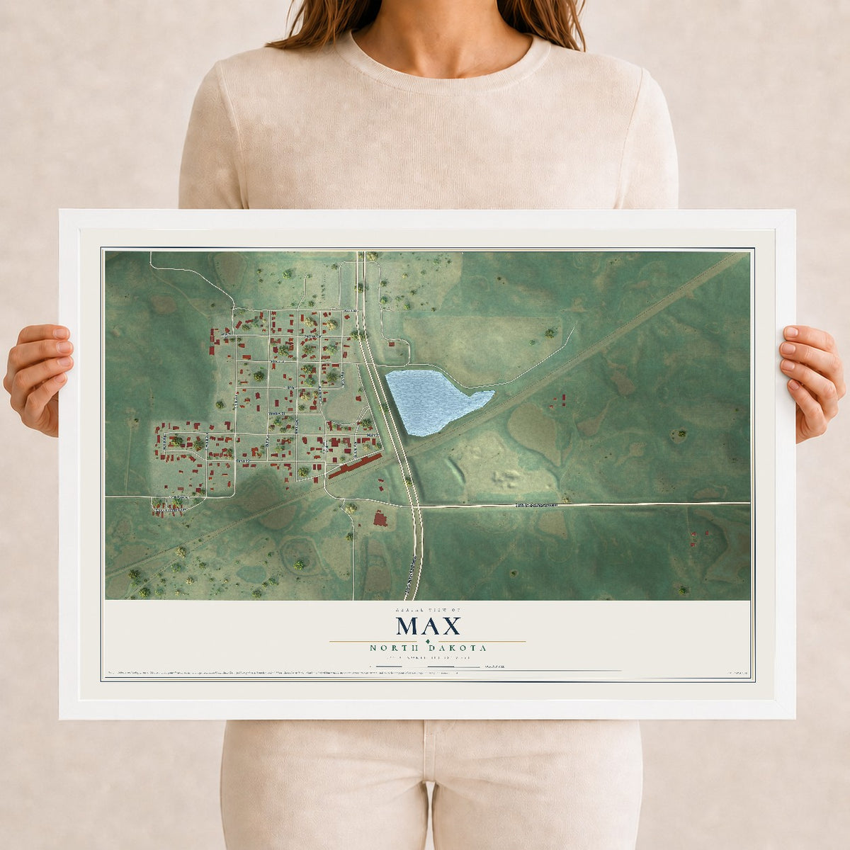 Map of Max, North Dakota, 12 x 18 inch print in a white wood frame