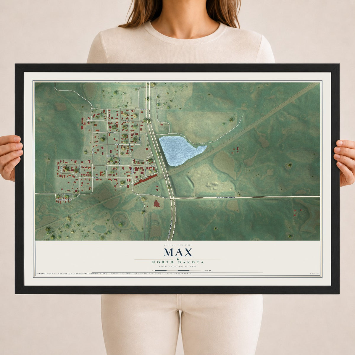 Map of Max, North Dakota, 18 x 24 inch print in a black wood frame