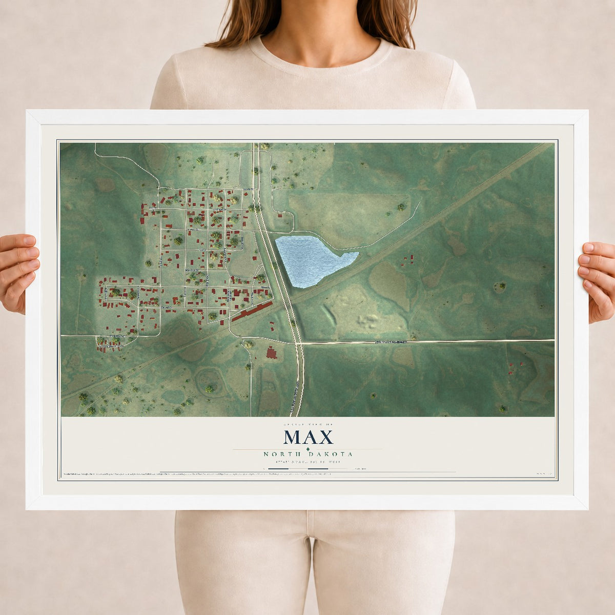 Map of Max, North Dakota, 18 x 24 inch print in a white wood frame