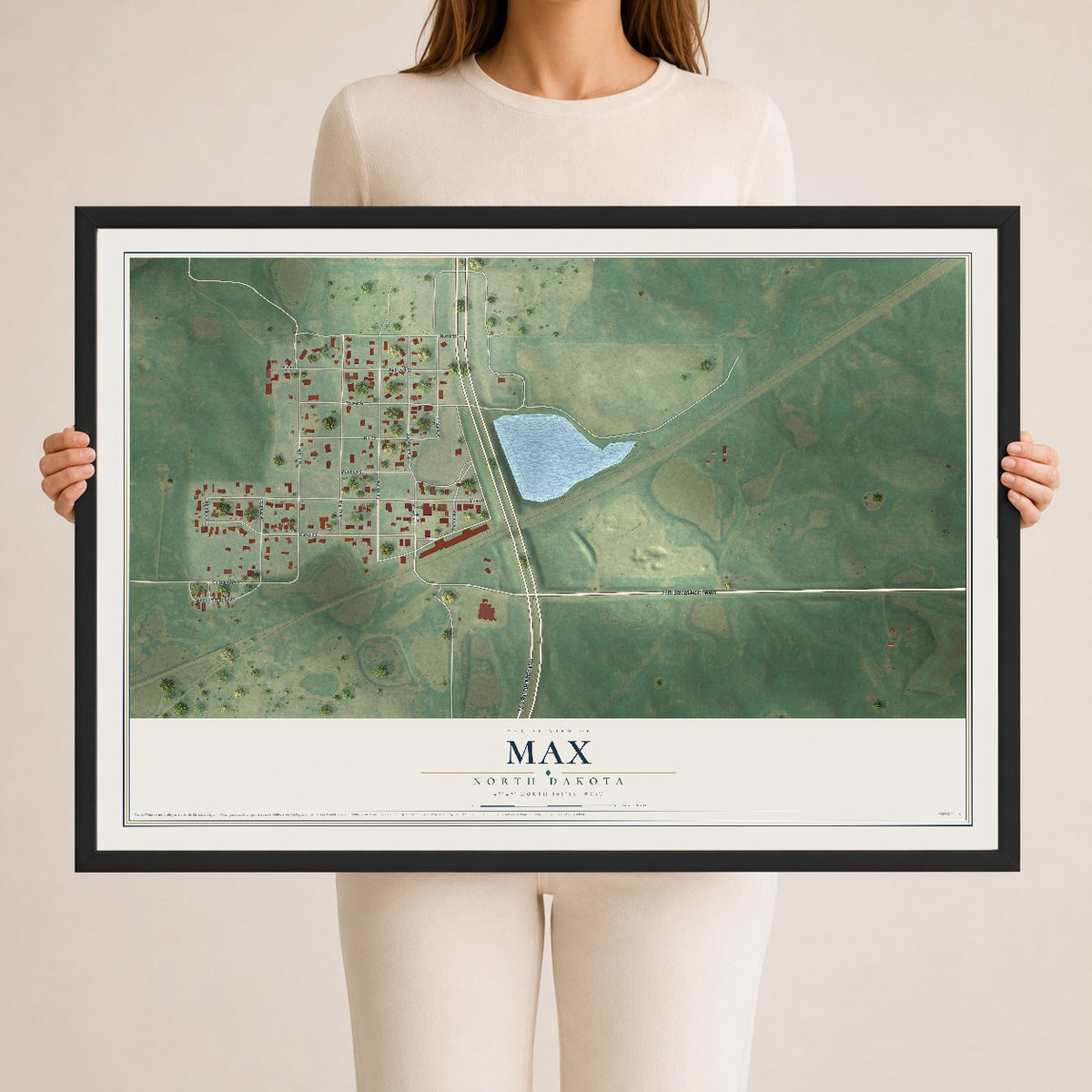 Map of Max, North Dakota, 24 x 36 inch print in a black wood frame