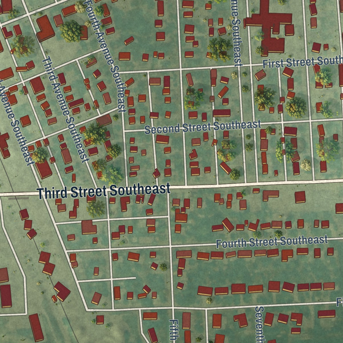 Close-up of the map of Mayville, North Dakota print showing street and building detail