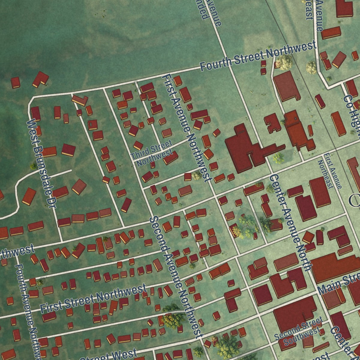 Second close-up of the map of Mayville, North Dakota print showing more streets and buildings