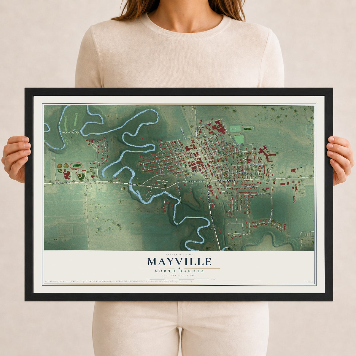 Map of Mayville, North Dakota, 12 x 18 inch print in a black wood frame