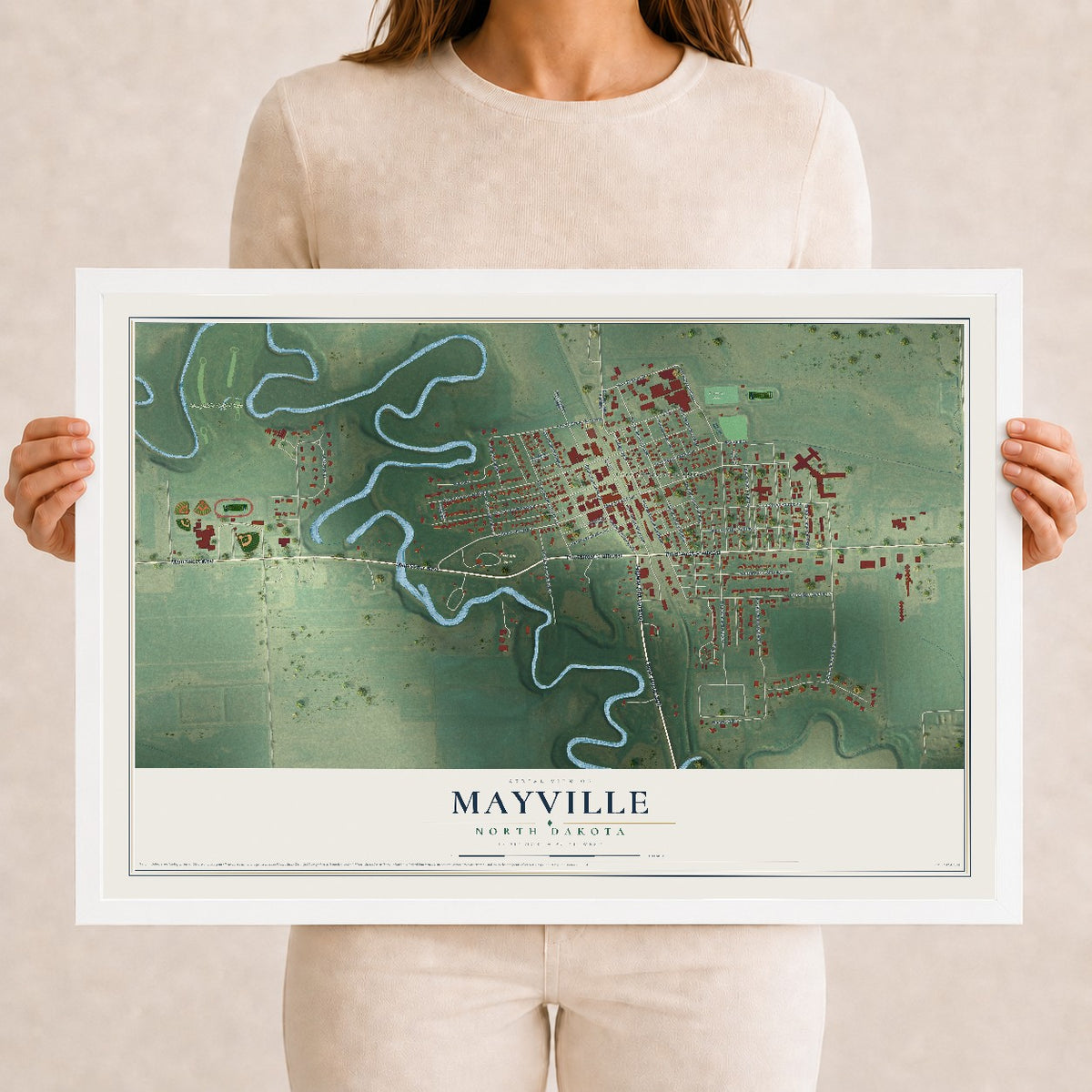 Map of Mayville, North Dakota, 12 x 18 inch print in a white wood frame