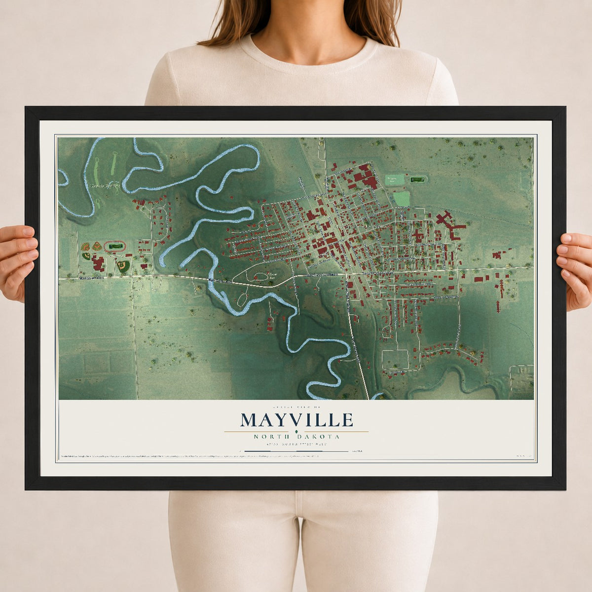 Map of Mayville, North Dakota, 18 x 24 inch print in a black wood frame