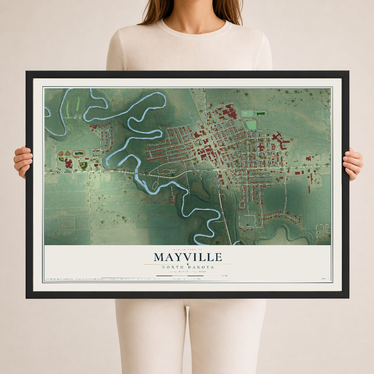 Map of Mayville, North Dakota, 24 x 36 inch print in a black wood frame