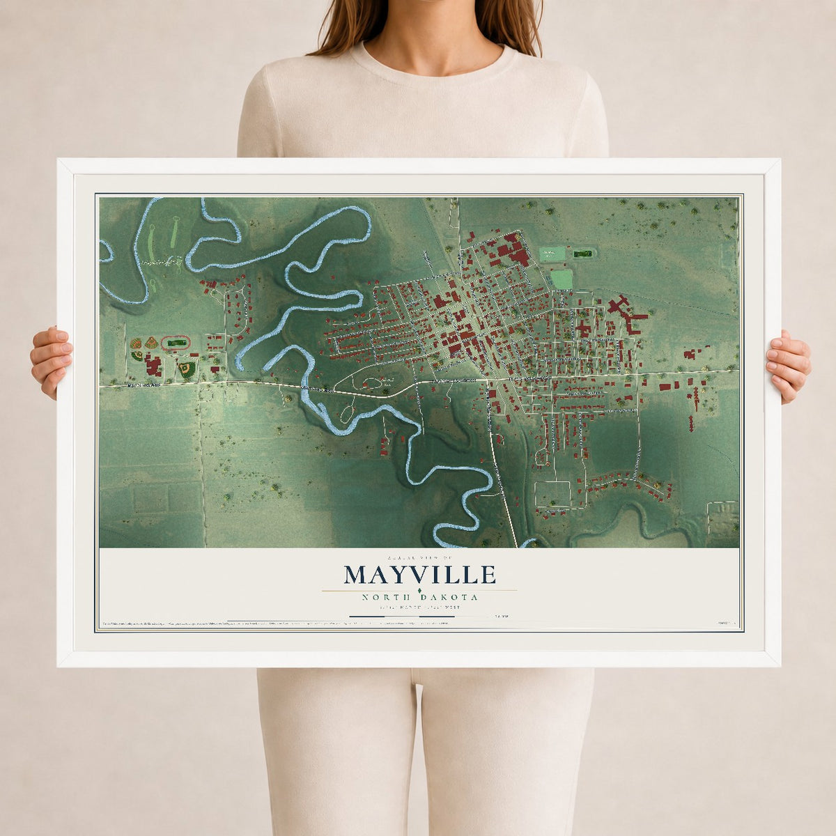 Map of Mayville, North Dakota, 24 x 36 inch print in a white wood frame