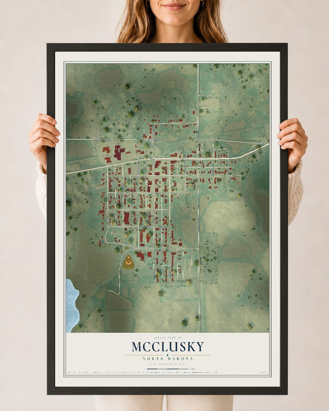 Map of McClusky, North Dakota, 24 x 36 inch print in a black wood frame