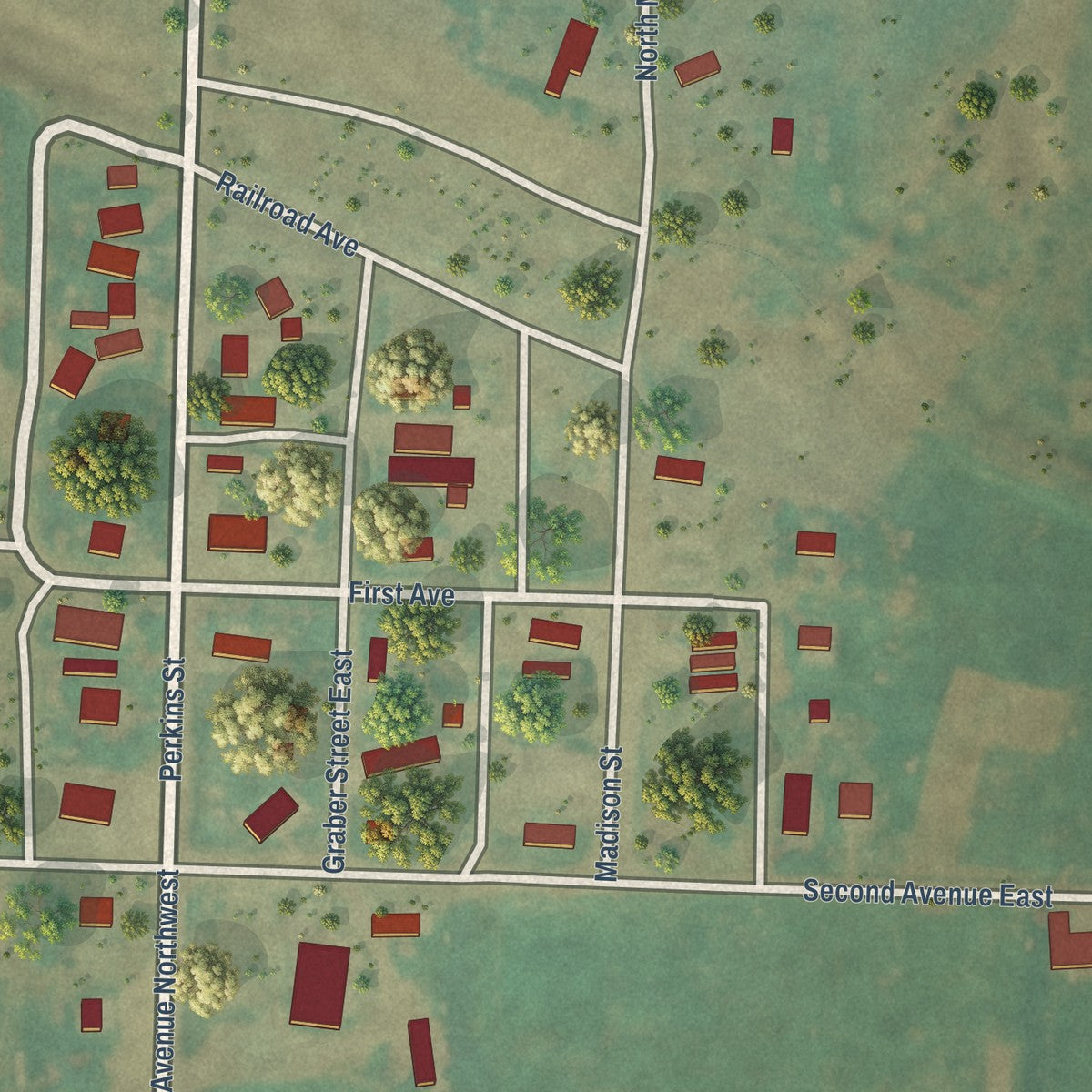 Close-up of the map of McGregor, North Dakota print showing street and building detail