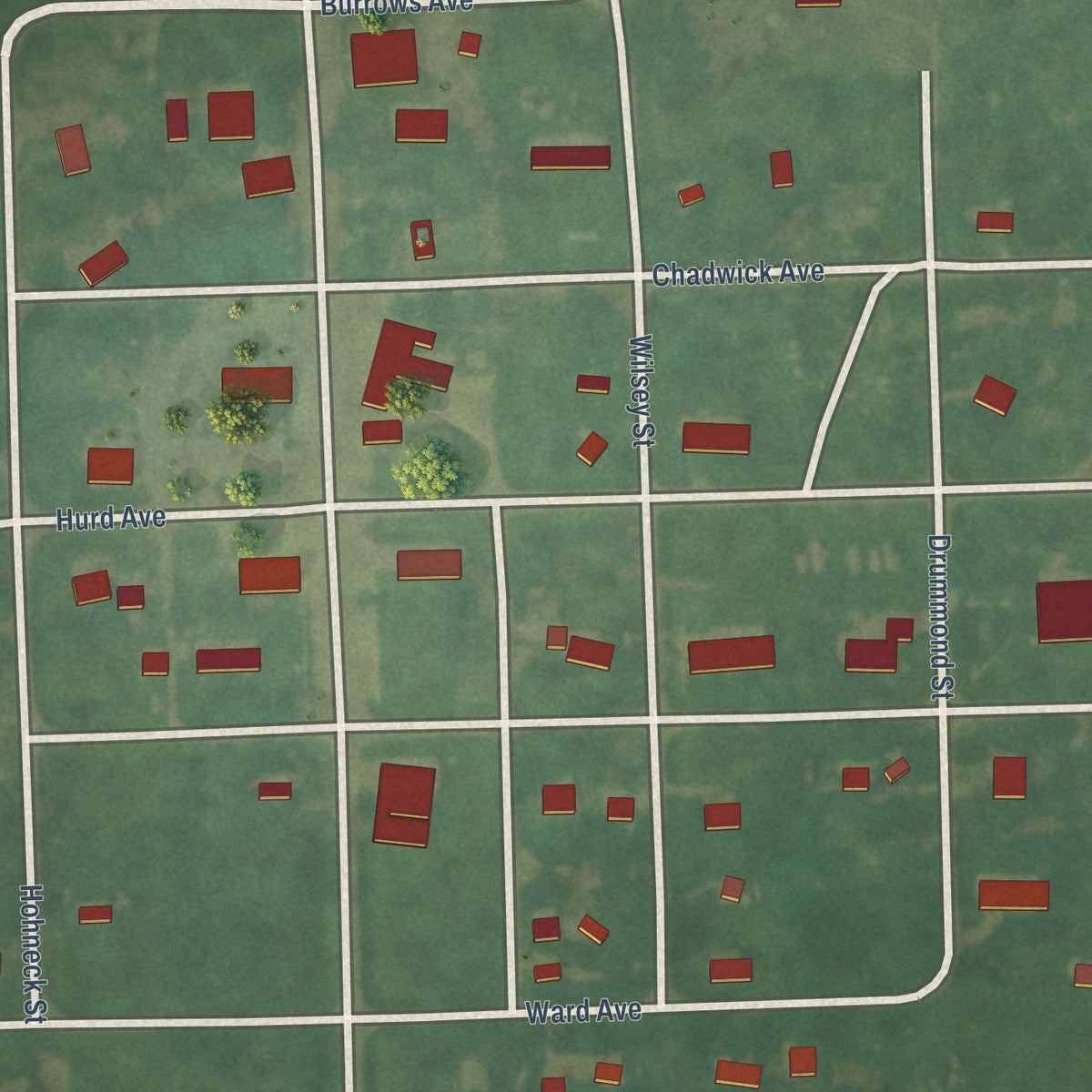 Close-up of the map of McHenry, North Dakota print showing street and building detail