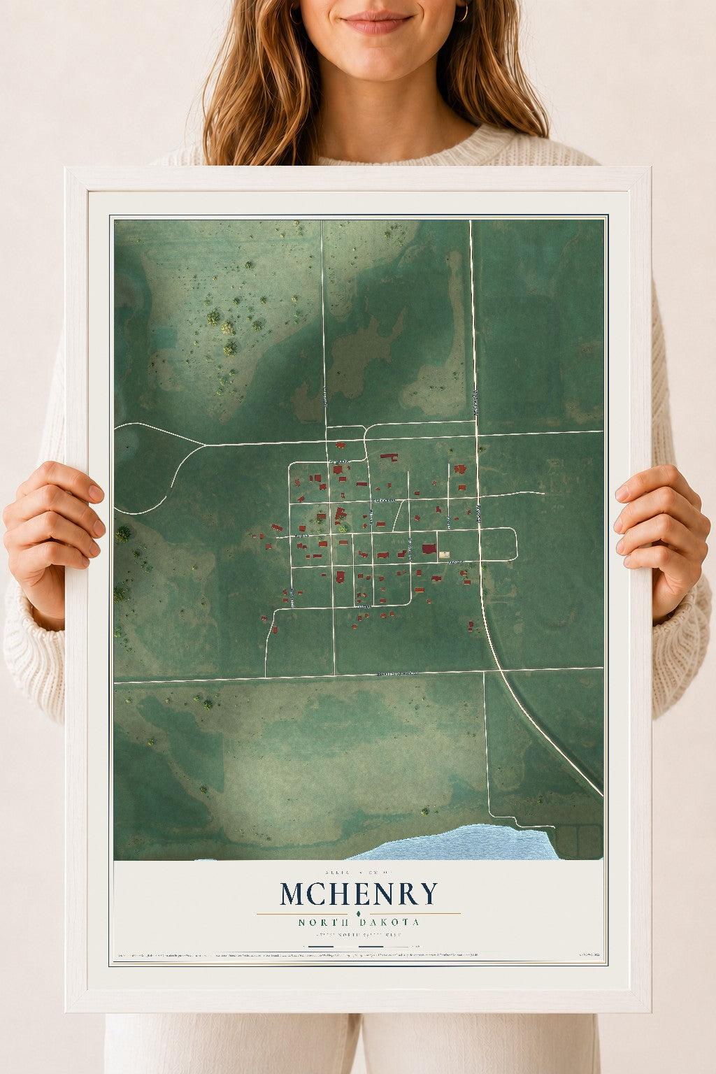 Map of McHenry, North Dakota, 18 x 24 inch print in a white wood frame
