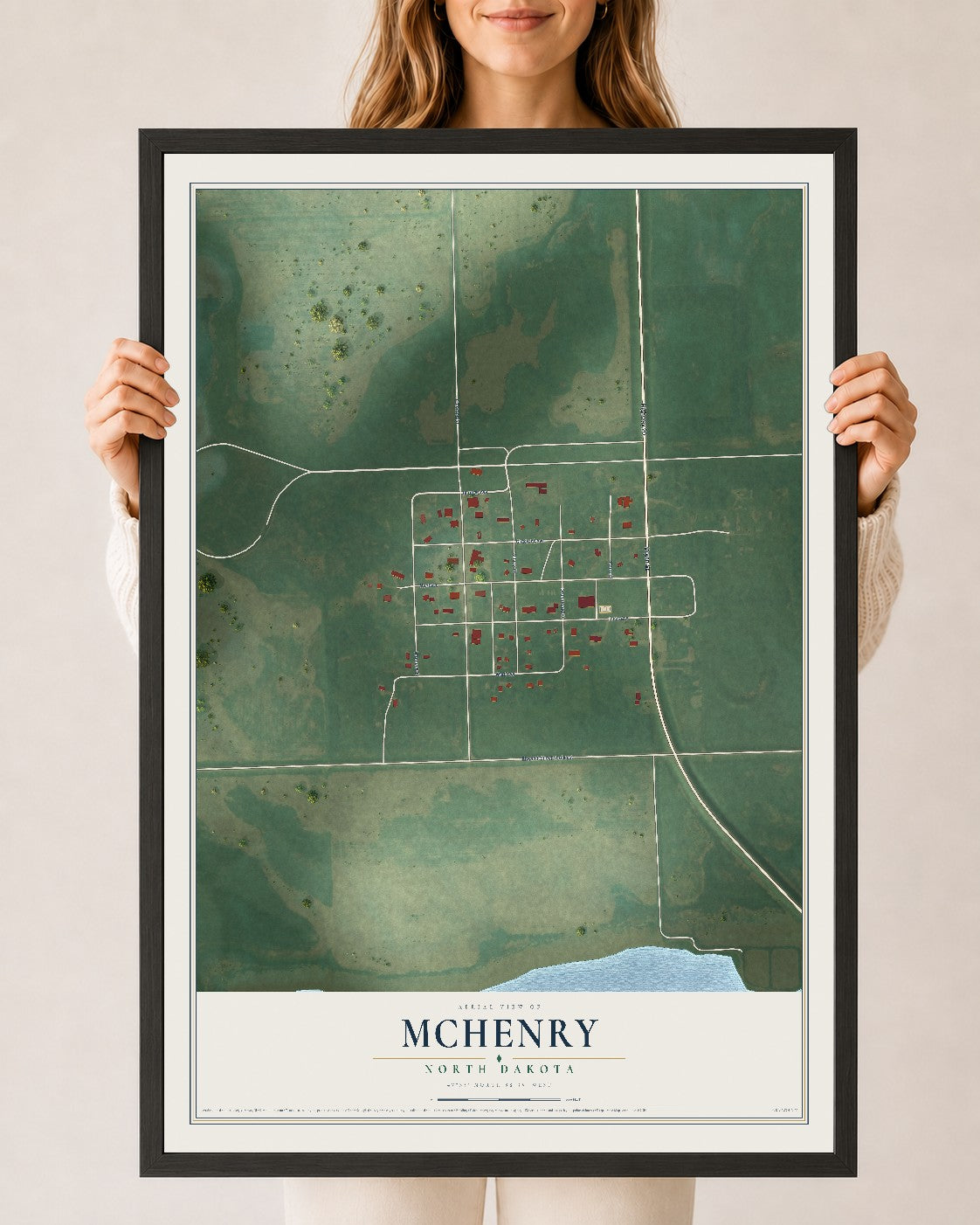 Map of McHenry, North Dakota, 24 x 36 inch print in a black wood frame