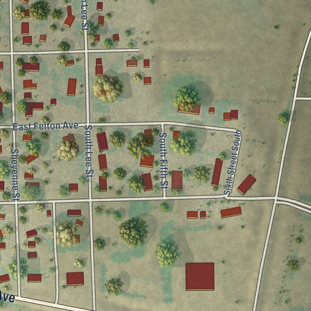 Second close-up of the map of McVille, North Dakota print showing more streets and buildings