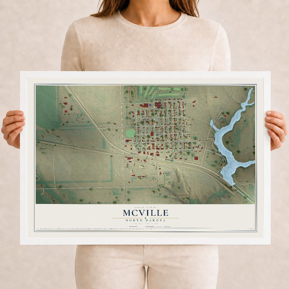 Map of McVille, North Dakota, 12 x 18 inch print in a white wood frame