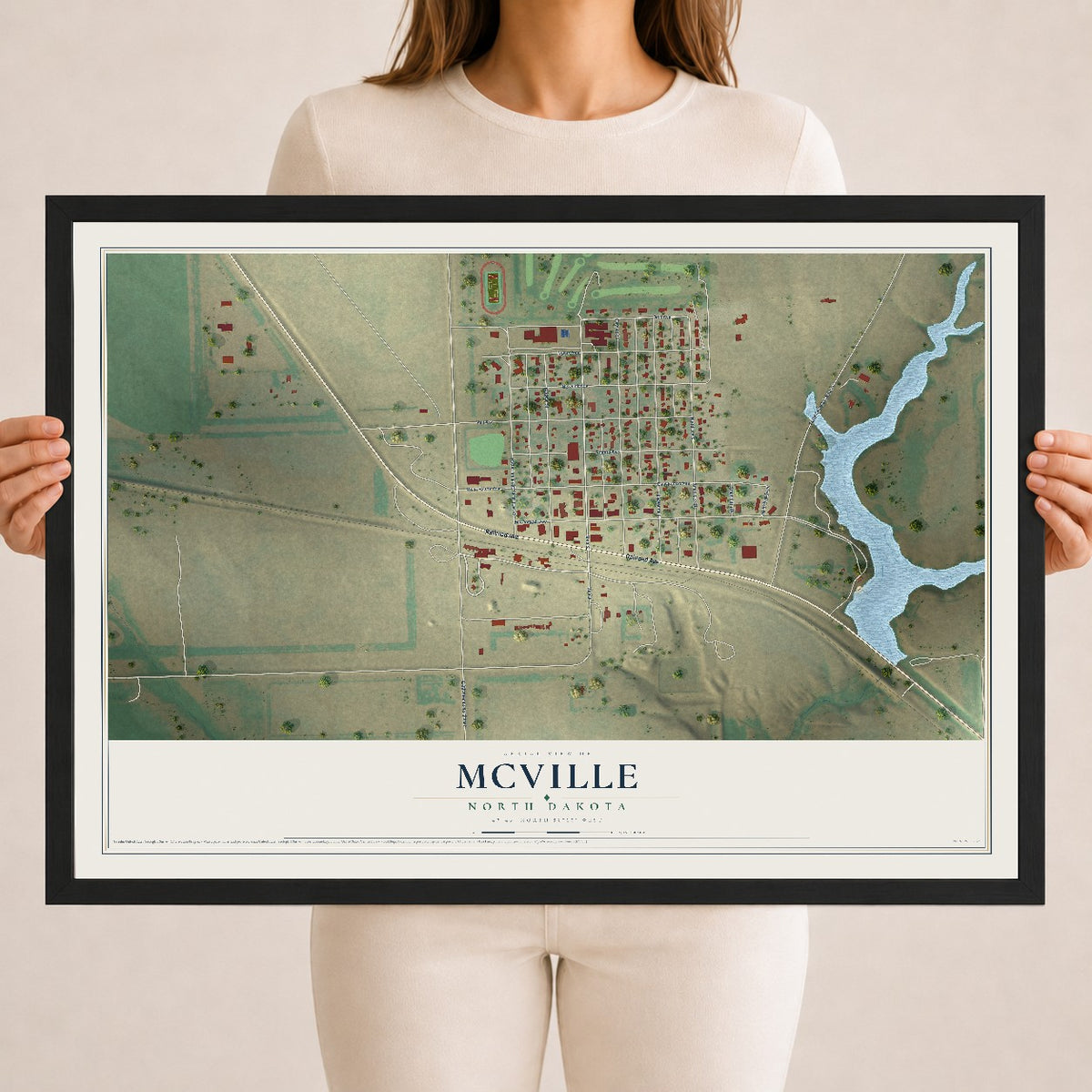 Map of McVille, North Dakota, 18 x 24 inch print in a black wood frame