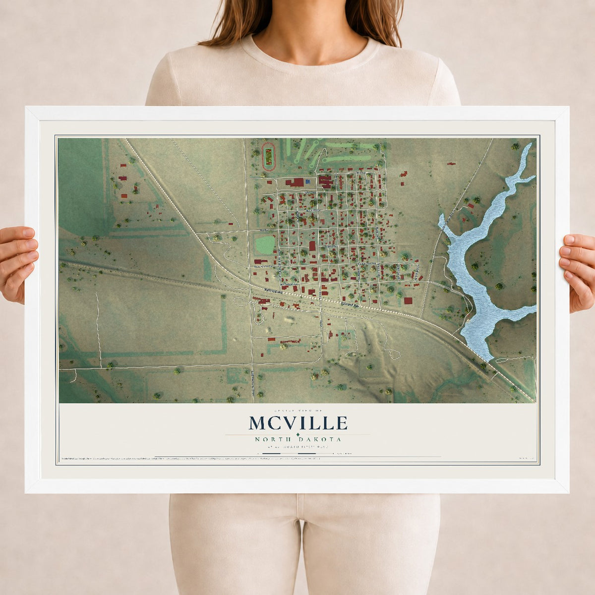 Map of McVille, North Dakota, 18 x 24 inch print in a white wood frame