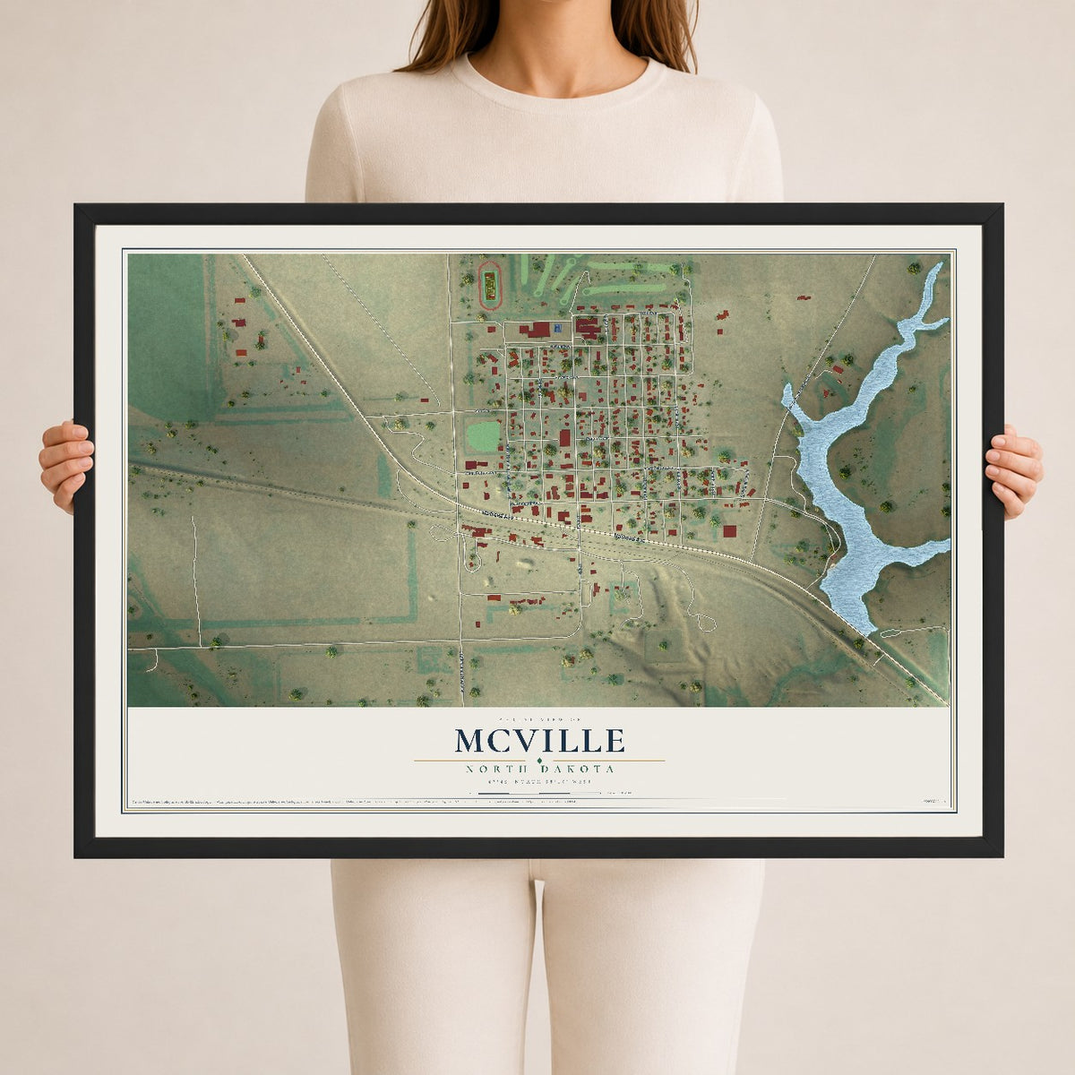 Map of McVille, North Dakota, 24 x 36 inch print in a black wood frame