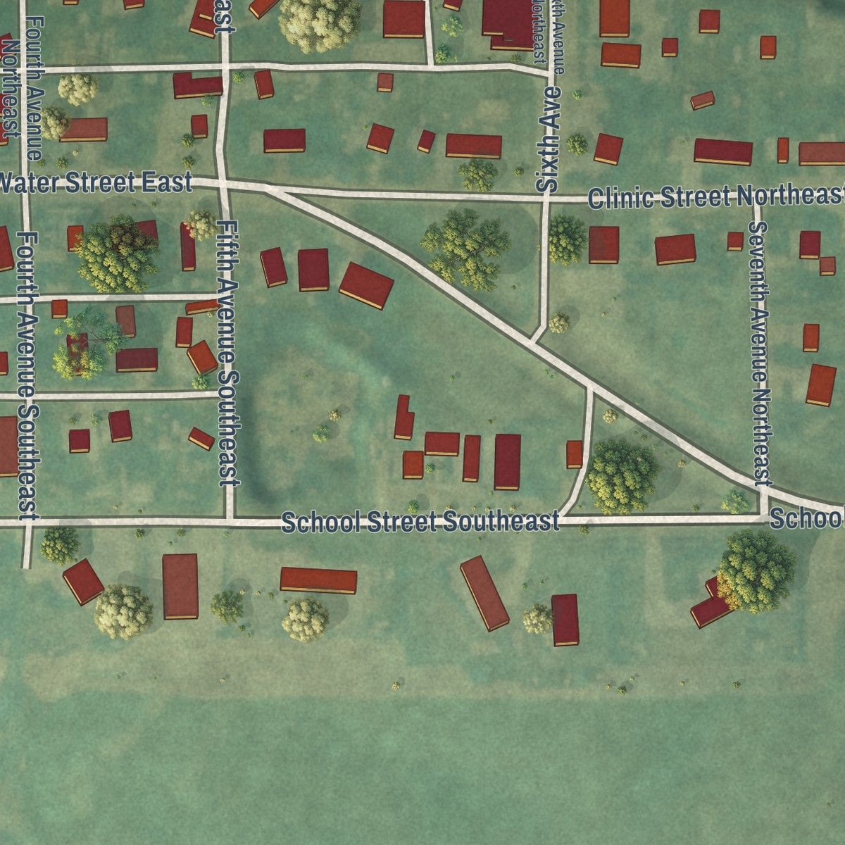 Second close-up of the map of Medina, North Dakota print showing more streets and buildings