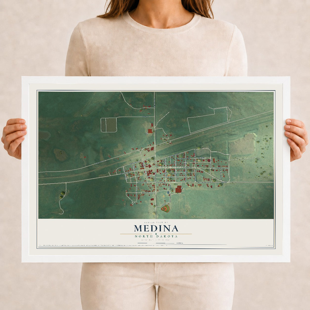 Map of Medina, North Dakota, 12 x 18 inch print in a white wood frame