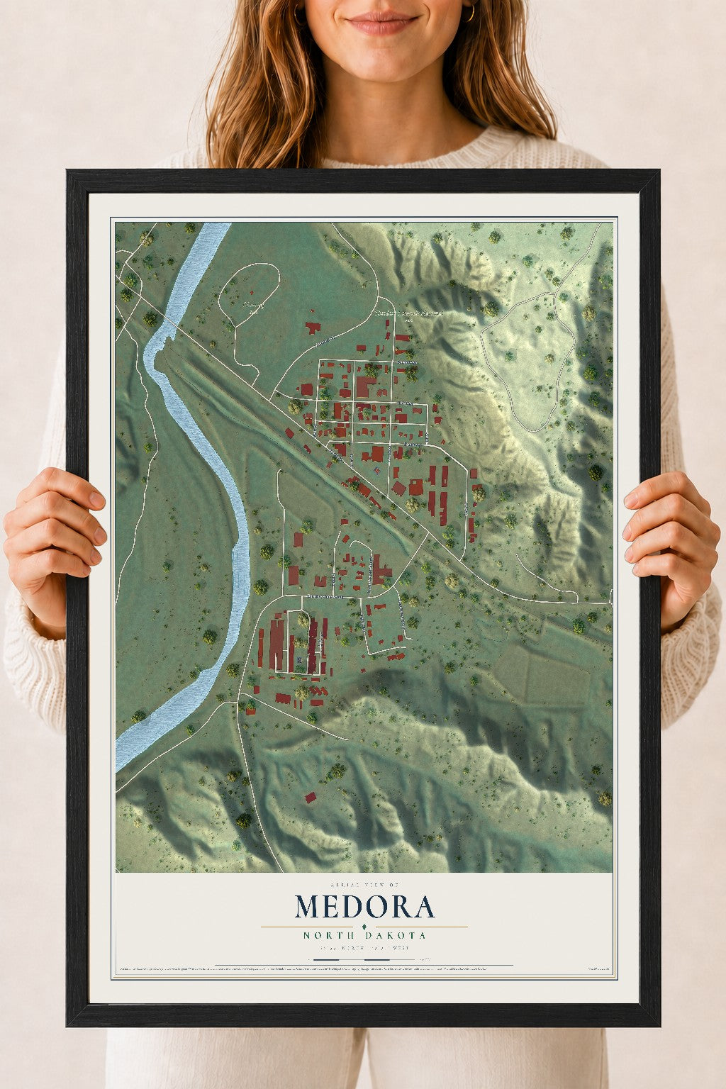 Map of Medora, North Dakota, 18 x 24 inch print in a black wood frame