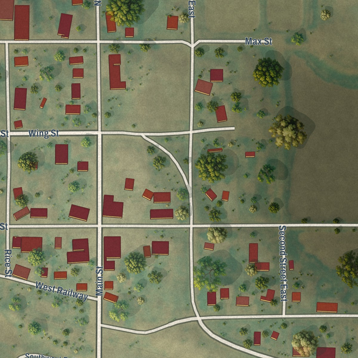Close-up of the map of Mercer, North Dakota print showing street and building detail