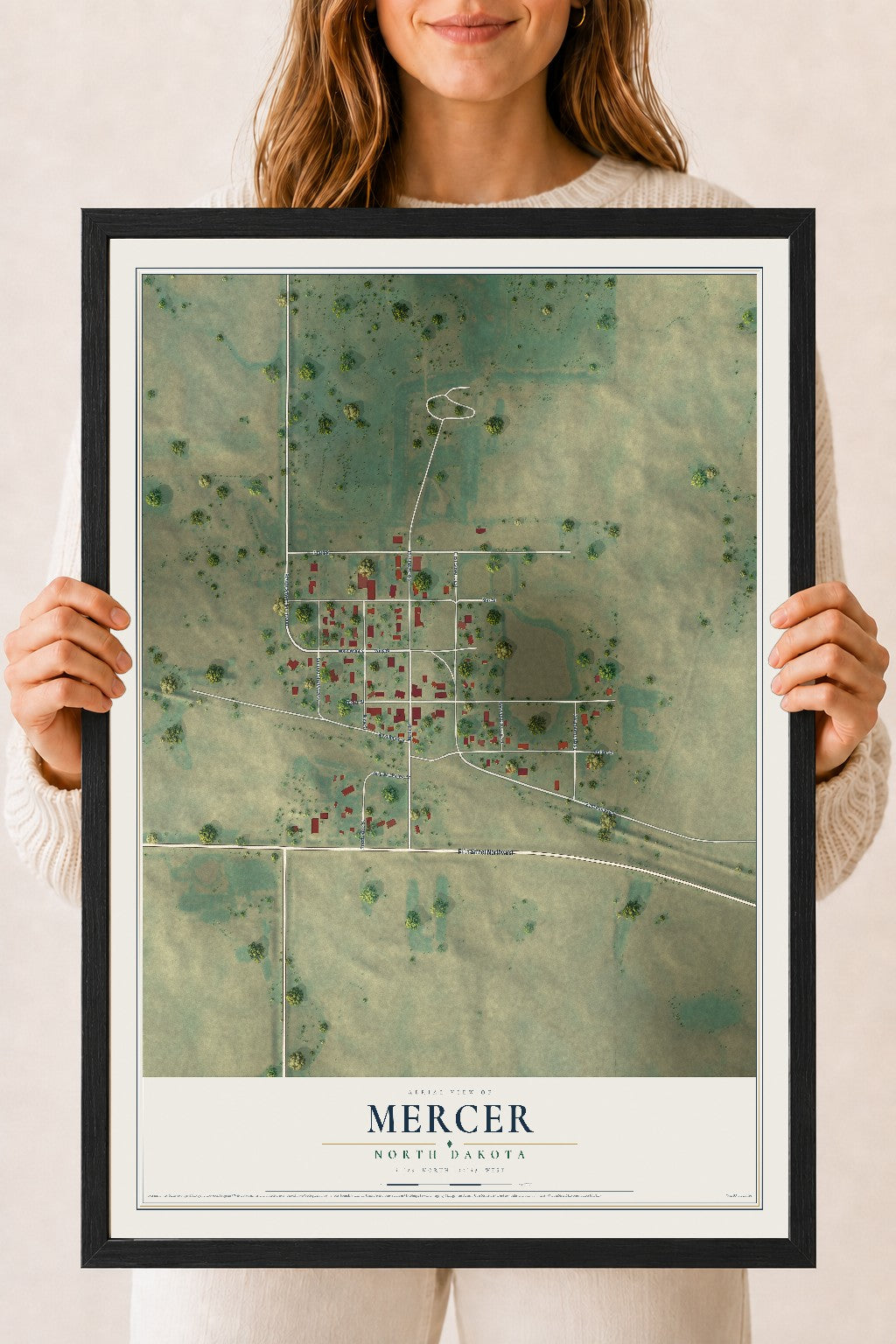 Map of Mercer, North Dakota, 18 x 24 inch print in a black wood frame