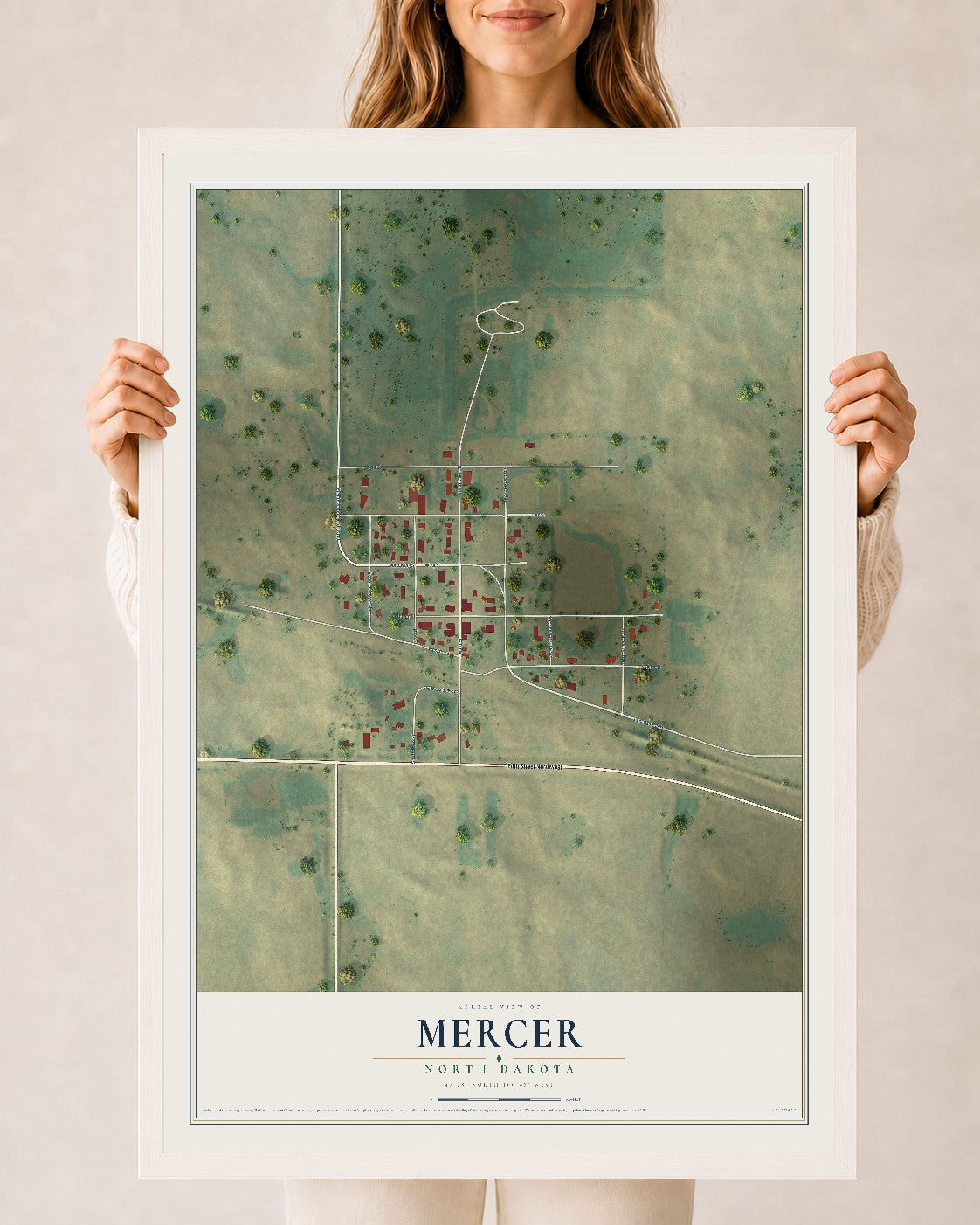Map of Mercer, North Dakota, 24 x 36 inch print in a white wood frame