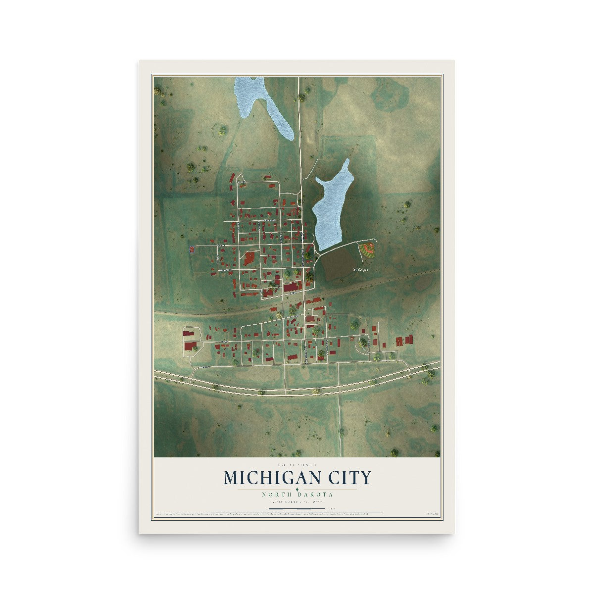 Map of Michigan City, North Dakota, 12 x 18 inch unframed archival matte print