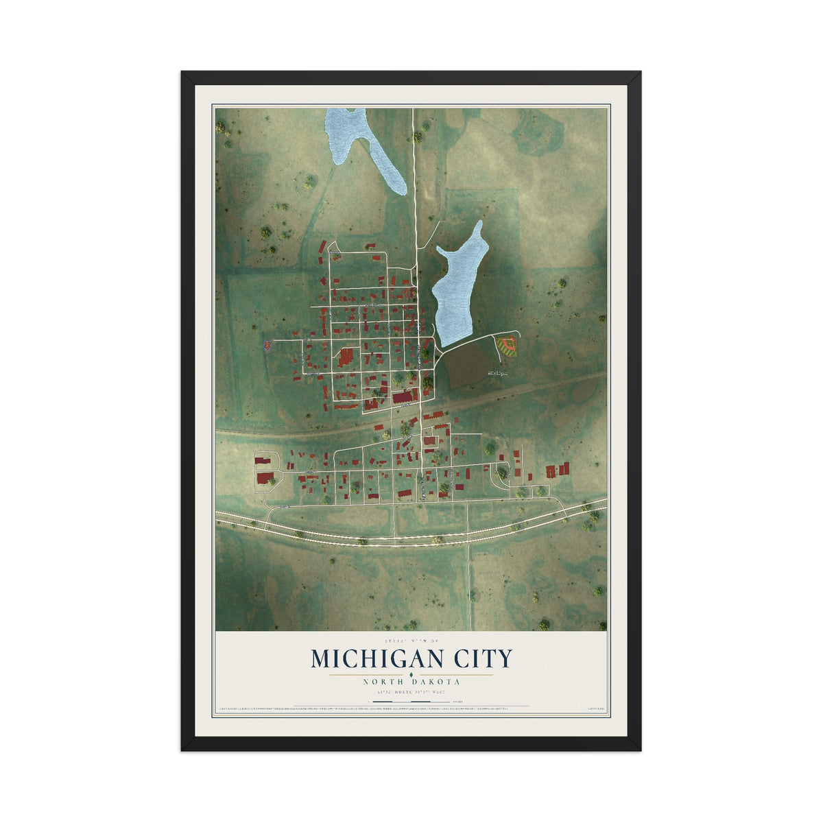 Map of Michigan City, North Dakota, 12 x 18 inch print in a black wood frame