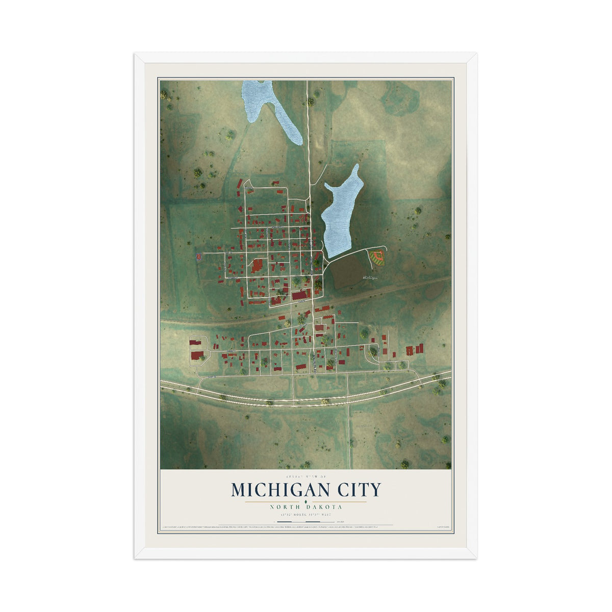Map of Michigan City, North Dakota, 12 x 18 inch print in a white wood frame