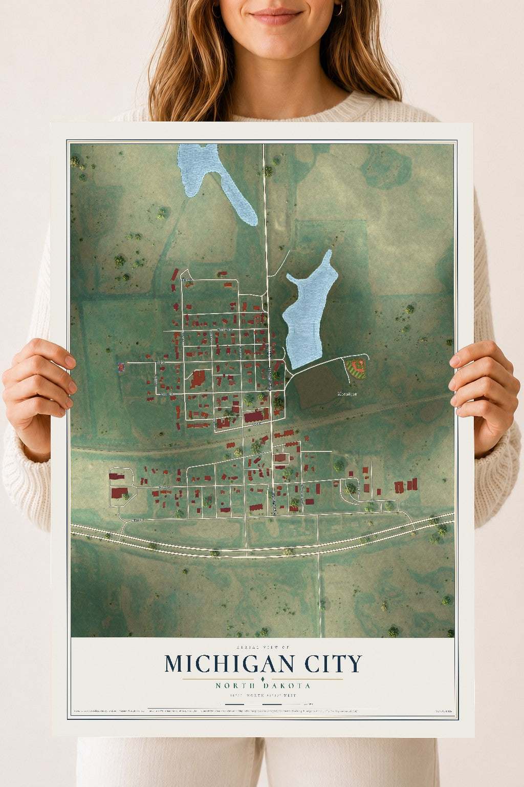 Map of Michigan City, North Dakota, 18 x 24 inch unframed archival matte print