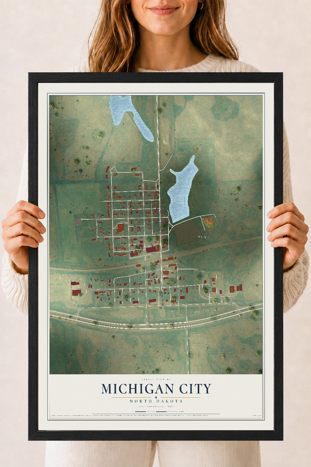 Map of Michigan City, North Dakota, 18 x 24 inch print in a black wood frame
