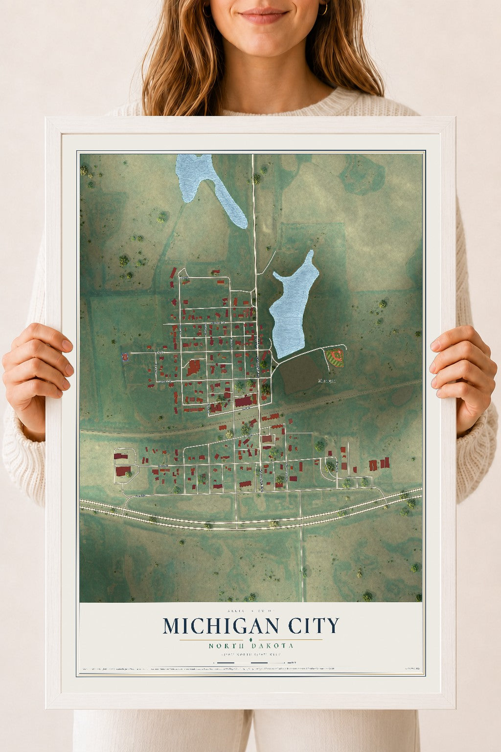 Map of Michigan City, North Dakota, 18 x 24 inch print in a white wood frame