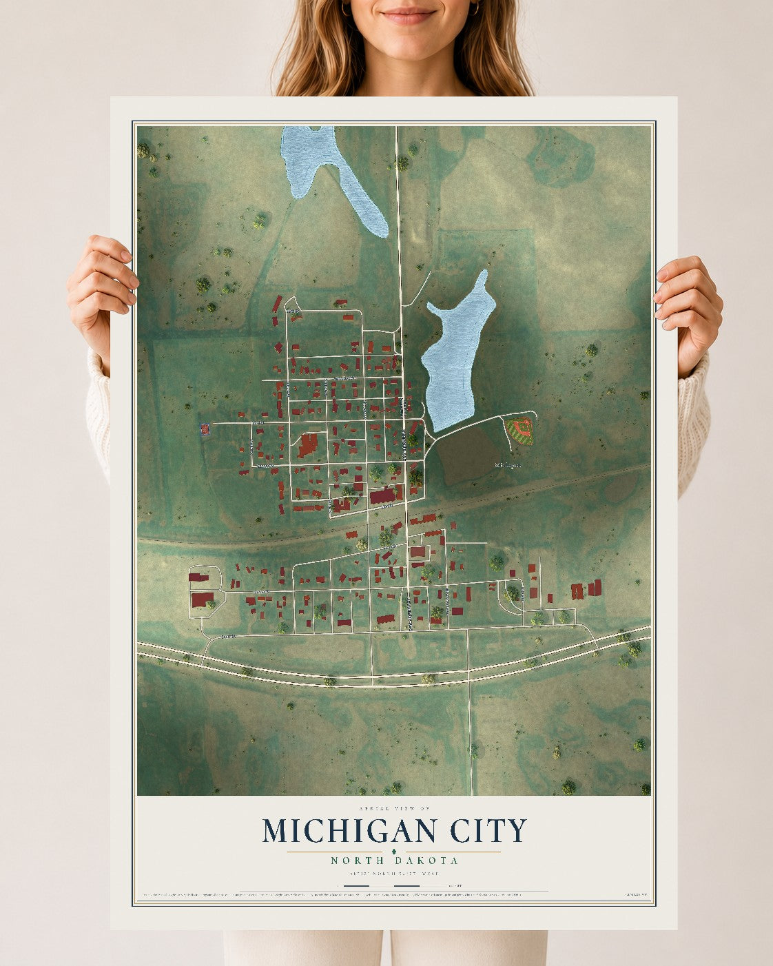 Map of Michigan City, North Dakota, 24 x 36 inch unframed archival matte print