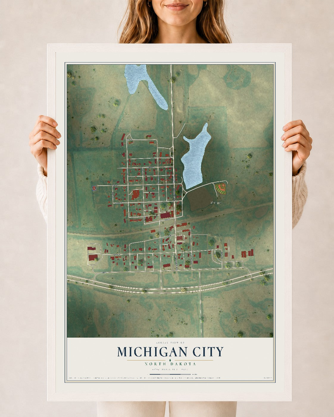 Map of Michigan City, North Dakota, 24 x 36 inch print in a white wood frame