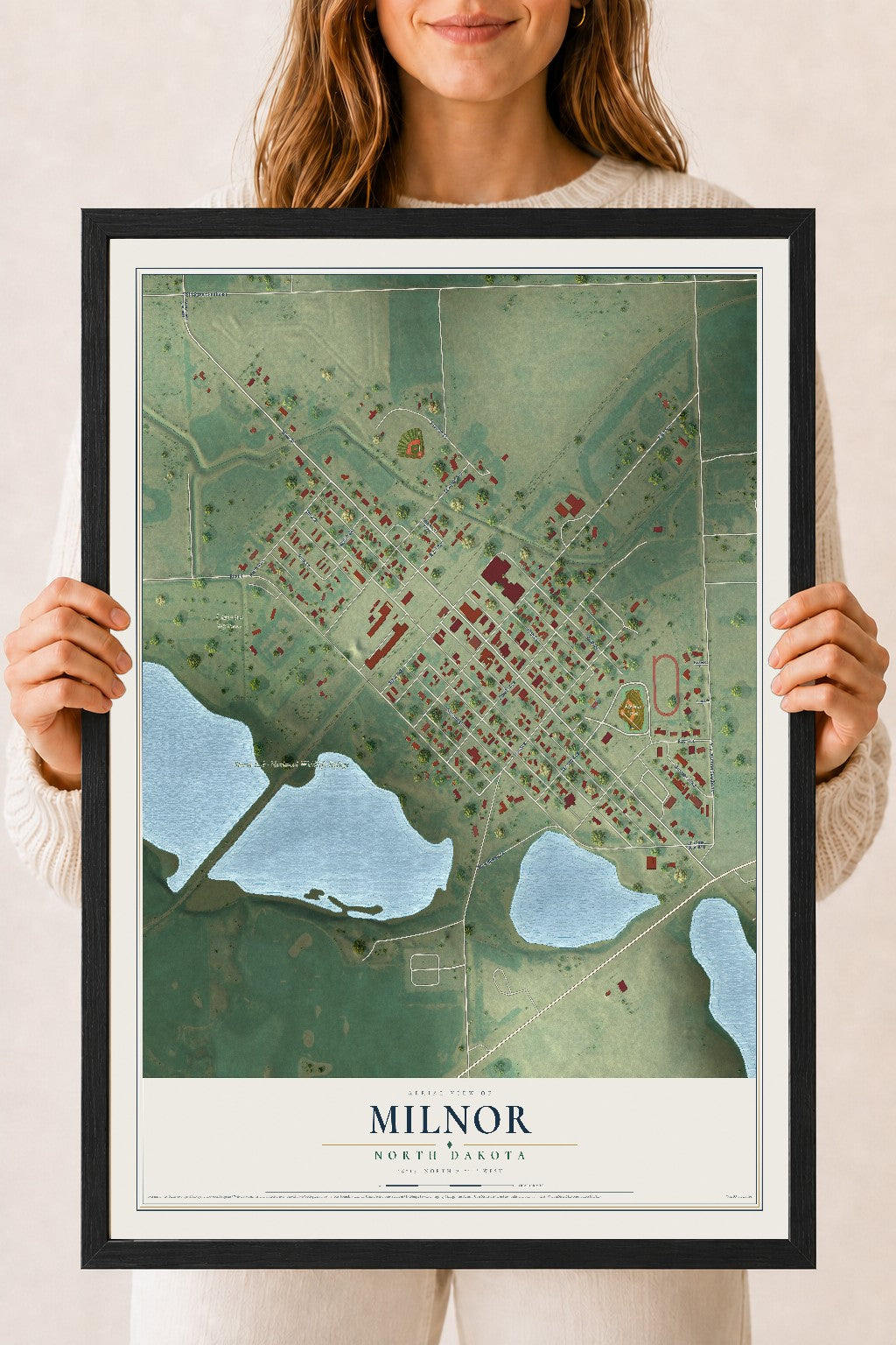 Map of Milnor, North Dakota, 18 x 24 inch print in a black wood frame