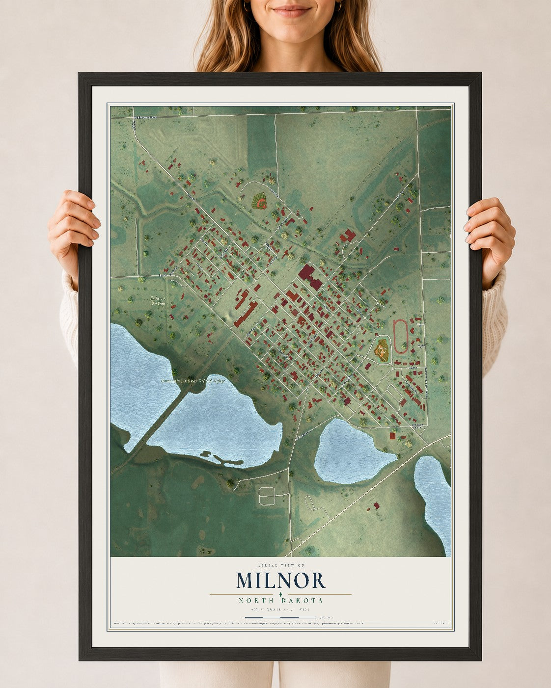 Map of Milnor, North Dakota, 24 x 36 inch print in a black wood frame