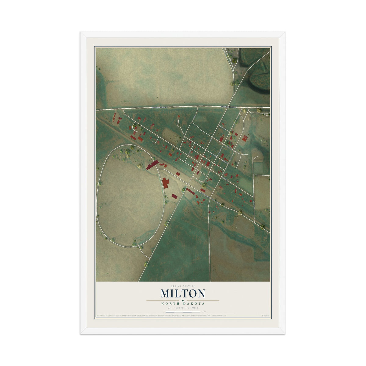 Map of Milton, North Dakota, 12 x 18 inch print in a white wood frame