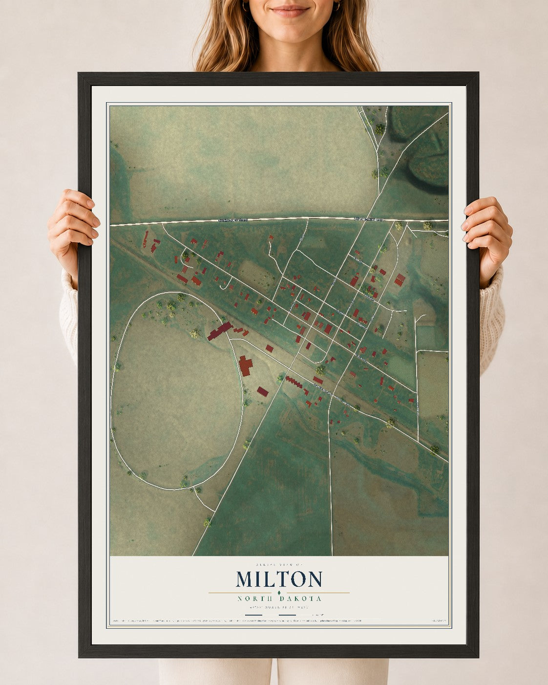 Map of Milton, North Dakota, 24 x 36 inch print in a black wood frame